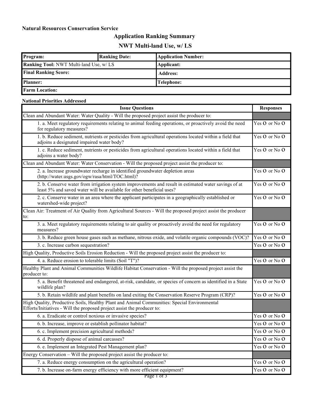 Application Ranking Summary NWT Multi-Land Use, W/ LS