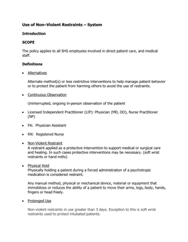 Use of Non–Violent Restraints – System