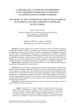 La Prueba De La Condición De Heredero En El Derecho Europeo De Sucesiones: El Certificado Sucesorio Europeo