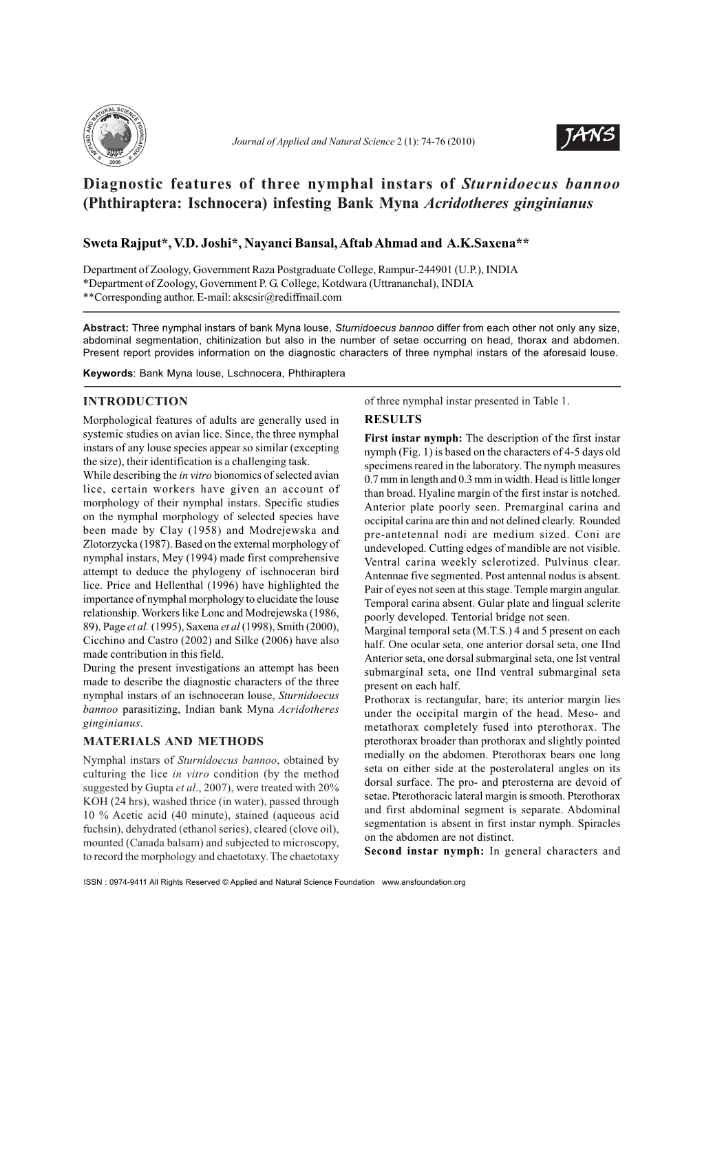 Diagnostic Features of Three Nymphal Instars of Sturnidoecus Bannoo (Phthiraptera: Ischnocera) Infesting Bank Myna Acridotheres Ginginianus