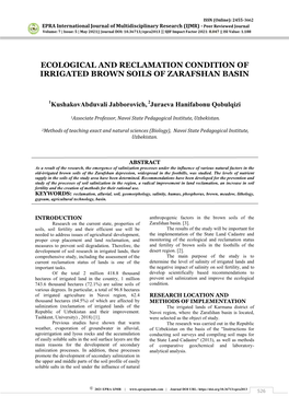Ecological and Reclamation Condition of Irrigated Brown Soils of Zarafshan Basin