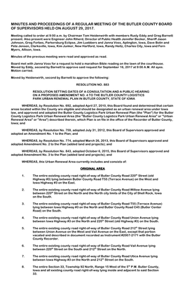 Minutes and Proceedings of a Regular Meeting of the Butler County Board of Supervisors Held on August 29, 2017