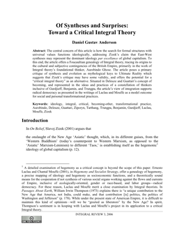 Of Syntheses and Surprises: Toward a Critical Integral Theory