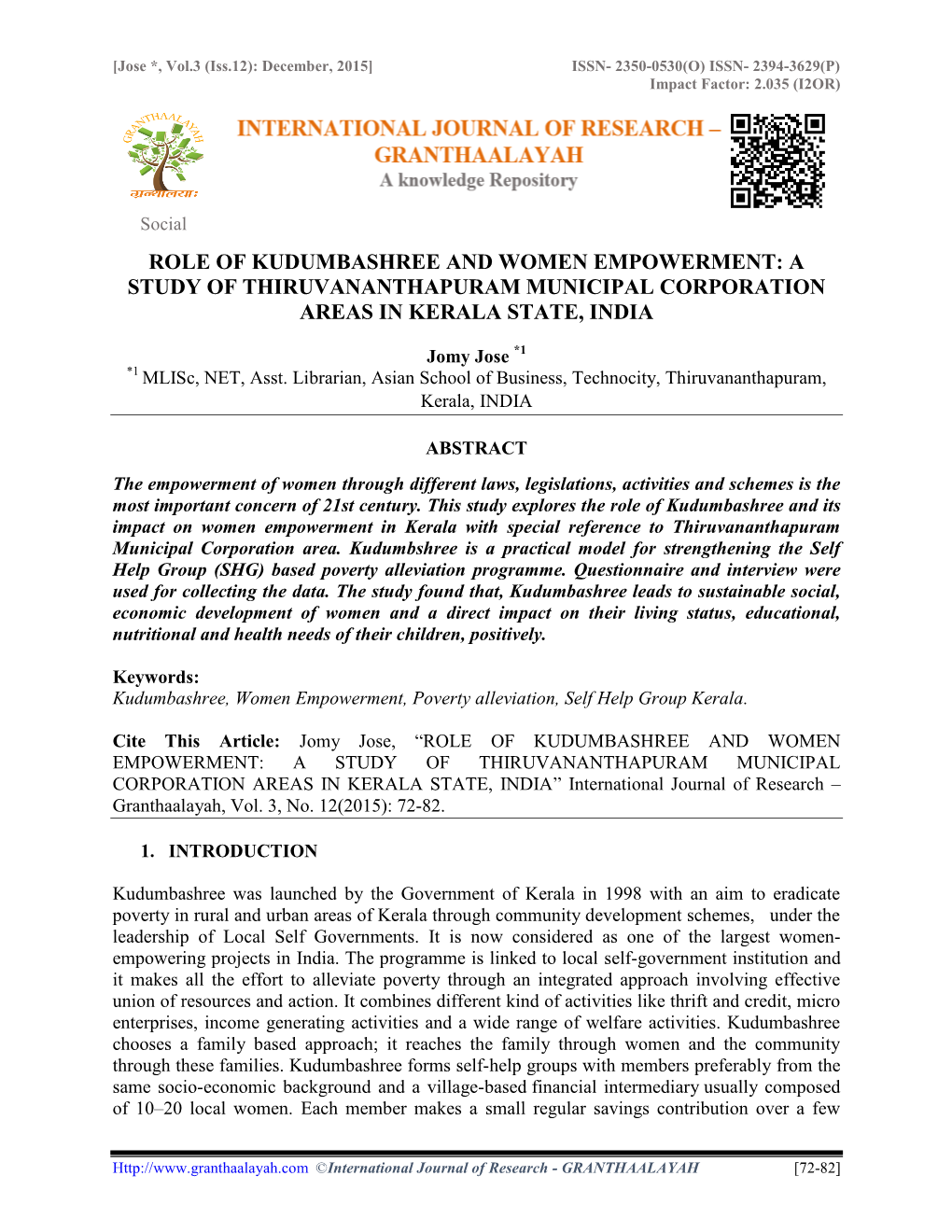 Role of Kudumbashree and Women Empowerment: a Study of Thiruvananthapuram Municipal Corporation Areas in Kerala State, India