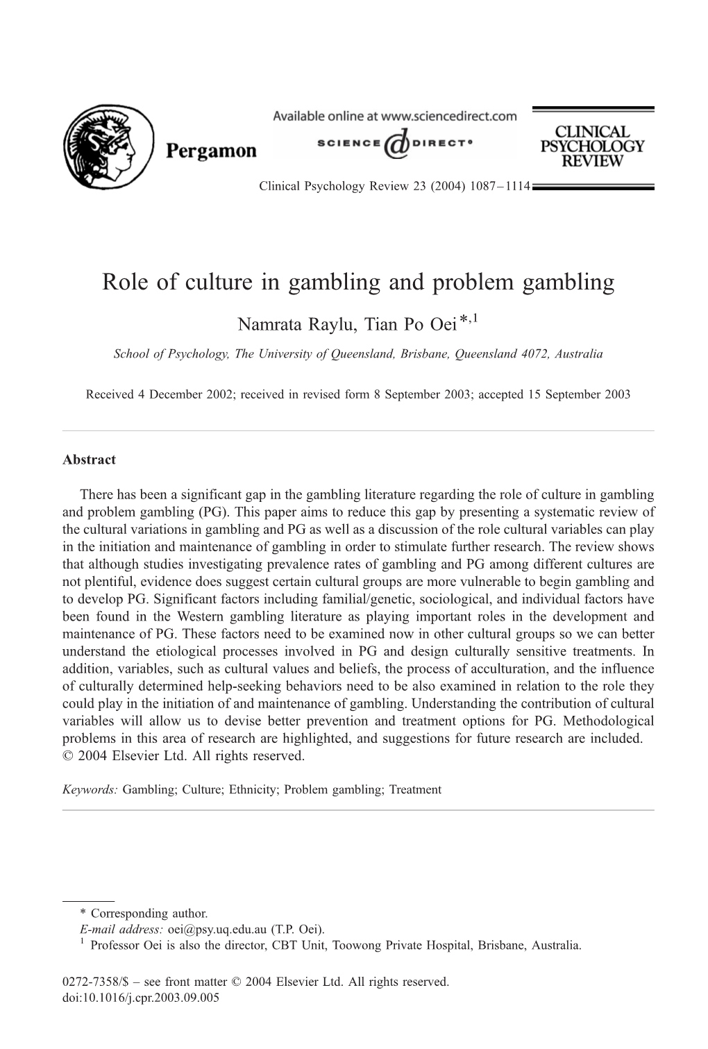 Role of Culture in Gambling and Problem Gambling