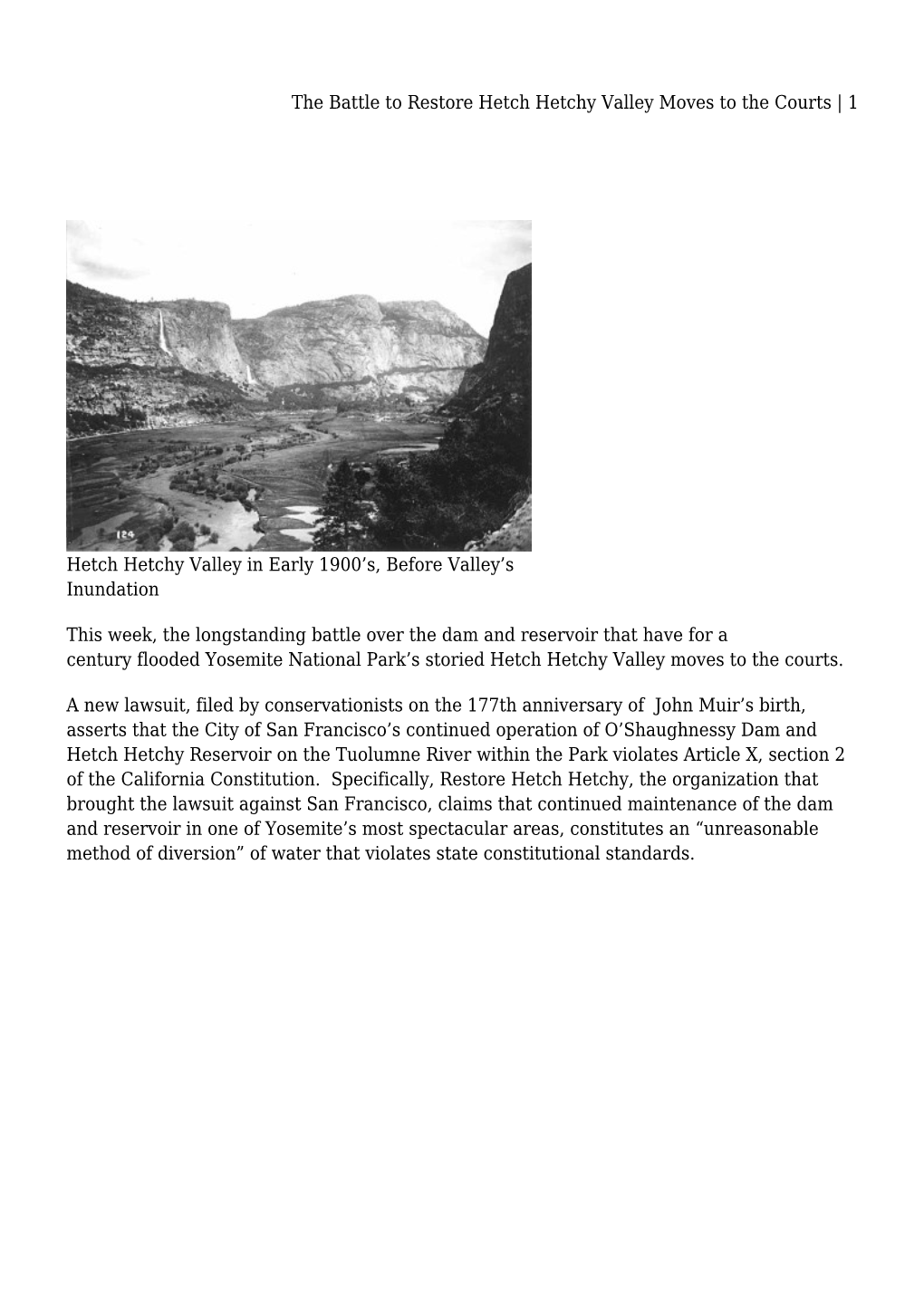 The Battle to Restore Hetch Hetchy Valley Moves to the Courts | 1