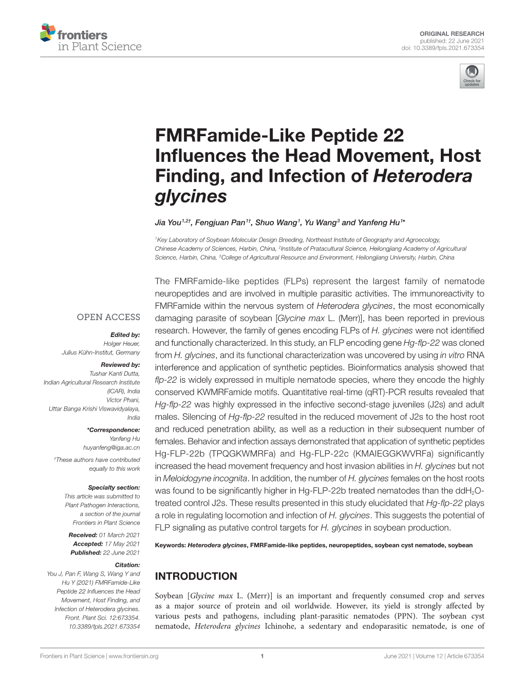 Fmrfamide-Like Peptide 22 Influences the Head Movement, Host Finding, and Infection of Heterodera Glycines