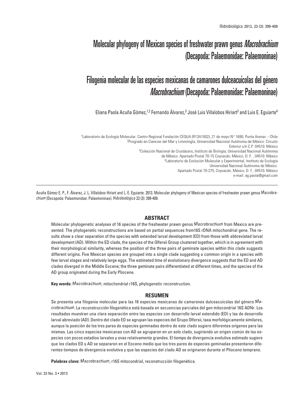 Molecular Phylogeny of Mexican Species of Freshwater Prawn Genus Macrobrachium (Decapoda: Palaemonidae: Palaemoninae)