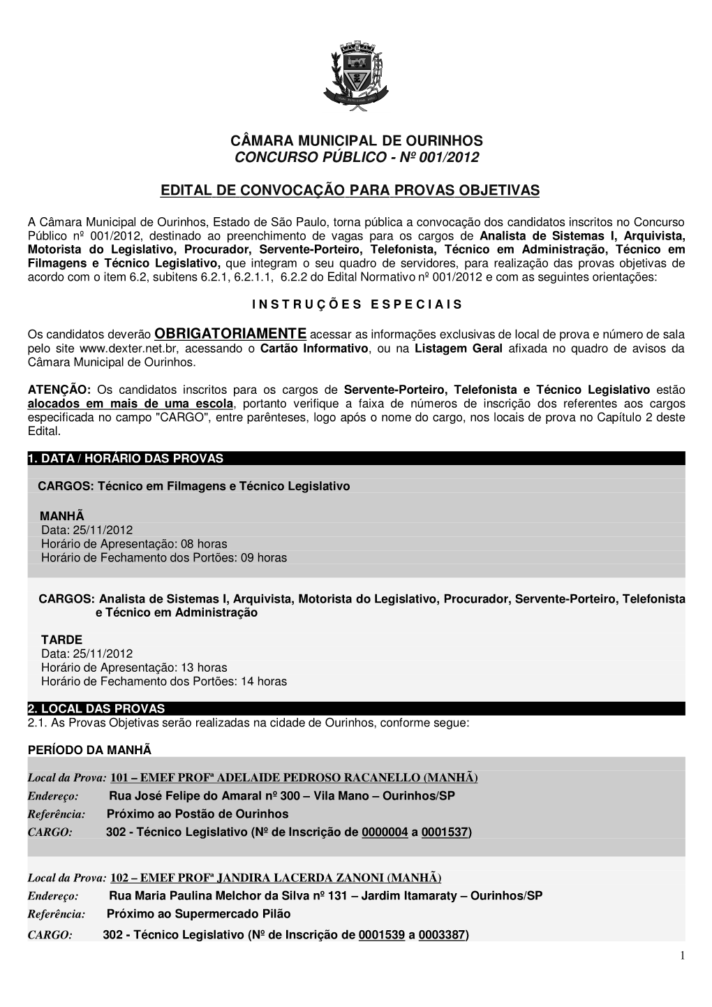 Câmara Municipal De Ourinhos Concurso Público - Nº 001/2012