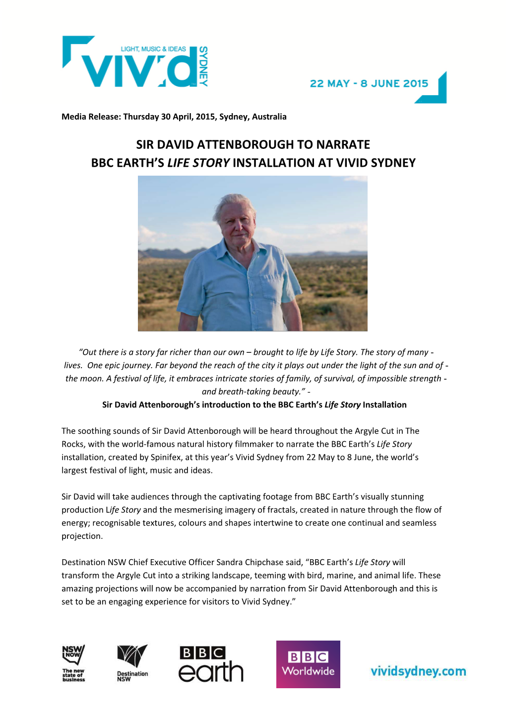 Media Release: Sir David Attenborough to Narrate BBC Earth's Life Story Installation at Vivid Sydney