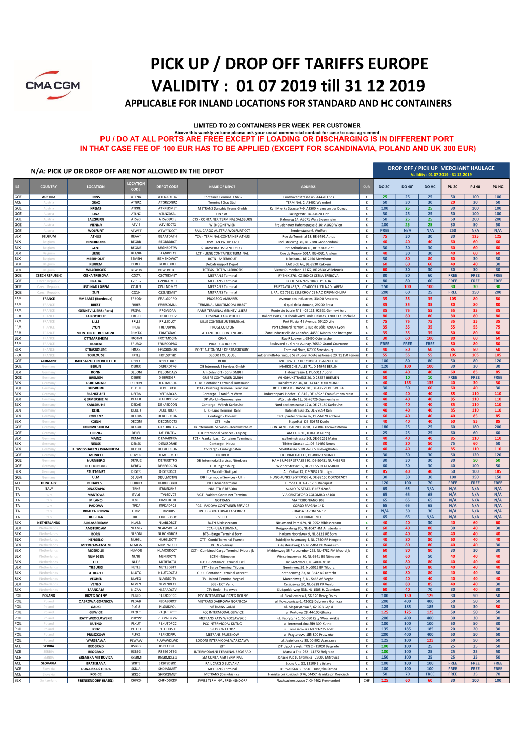 PICK up / DROP OFF TARIFFS EUROPE VALIDITY : 01 07 2019 Till 31 12 2019 APPLICABLE for INLAND LOCATIONS for STANDARD and HC CONTAINERS