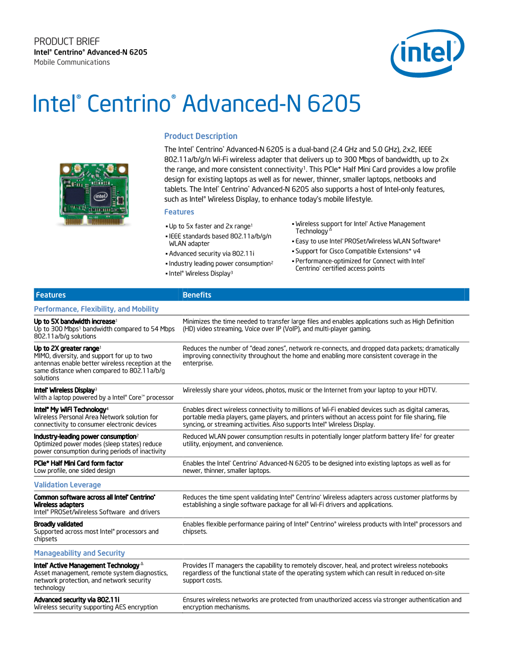 Intel Centrino Advanced-N 6205 Product Brief