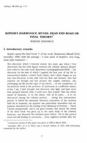 Kepler's Harmonice Mundi: Dead End Road Or • Final Theory?