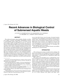 Recent Advances in Biological Control of Submersed Aquatic Weeds