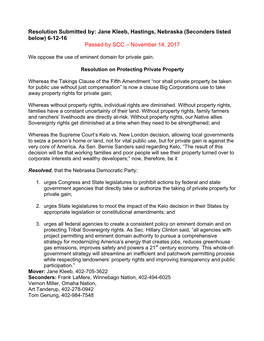 Resolution Submitted By: Jane Kleeb, Hastings, Nebraska (Seconders Listed Below) 6-12-16 Passed by SCC – November 14, 2017