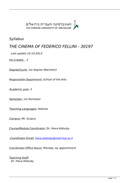 Syllabus the CINEMA of FEDERICO FELLINI - 30197