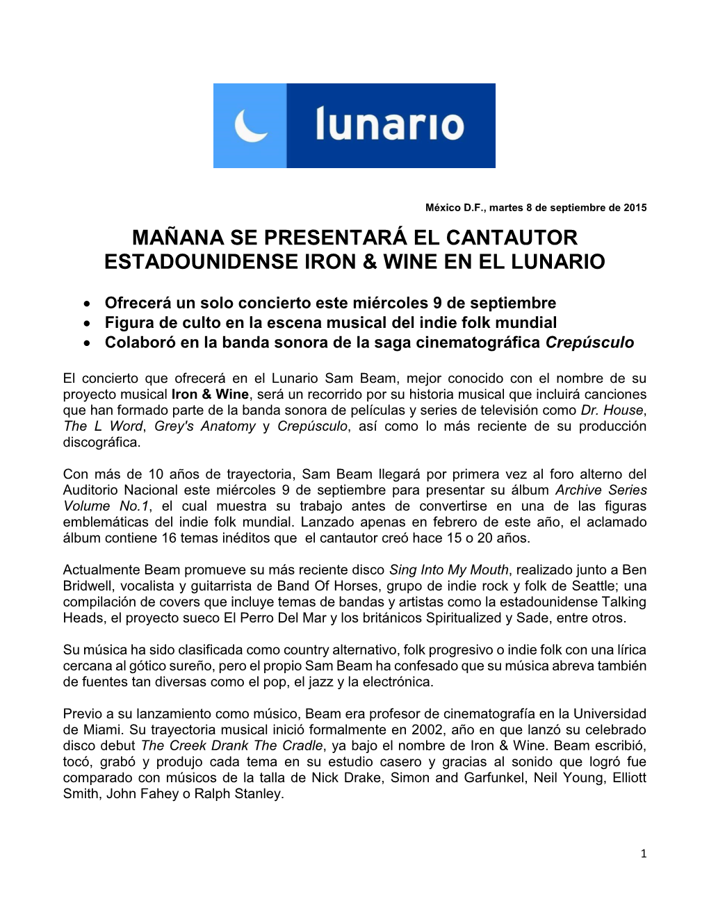 Mañana Se Presentará El Cantautor Estadounidense Iron & Wine En El Lunario