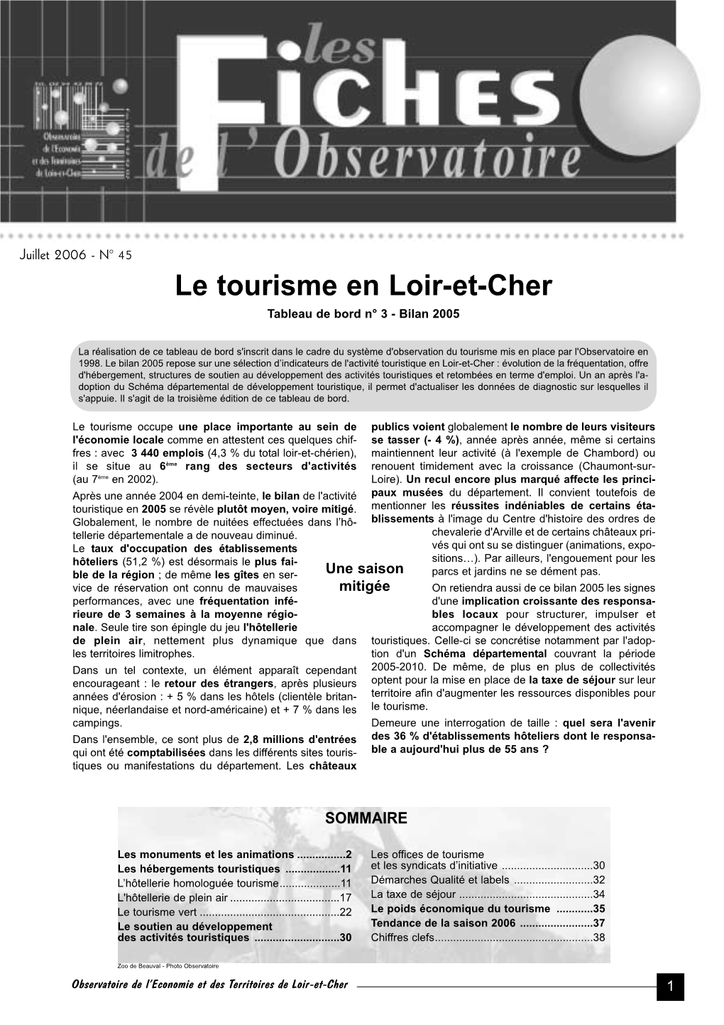 Le Tourisme En Loir-Et-Cher Tableau De Bord N° 3 - Bilan 2005