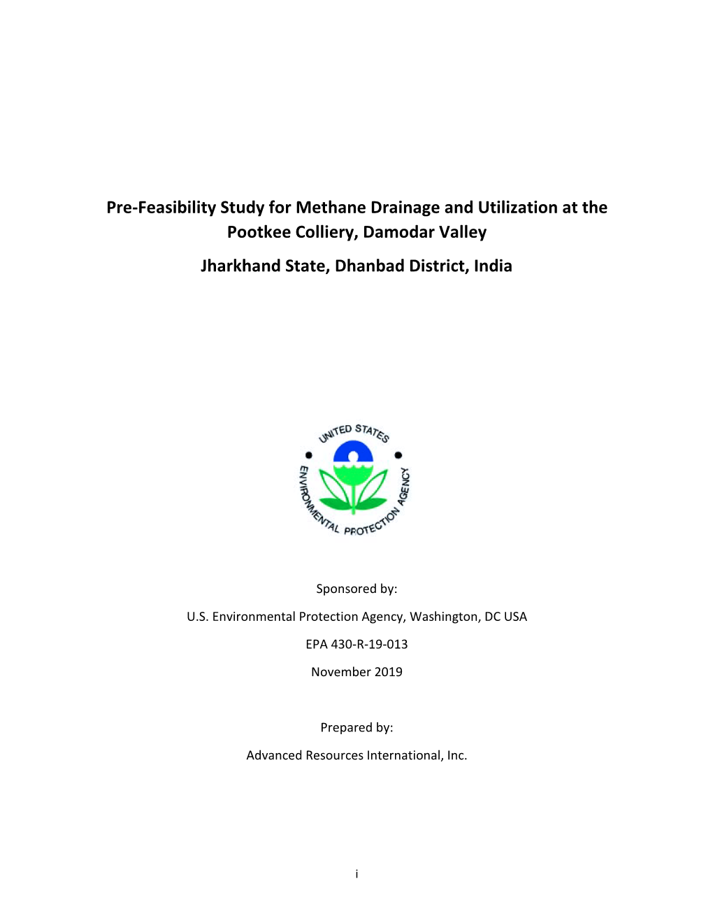 Pre-Feasibility Study for Methane Drainage and Utilization at the Pootkee Colliery, Damodar Valley Jharkhand State, Dhanbad District, India