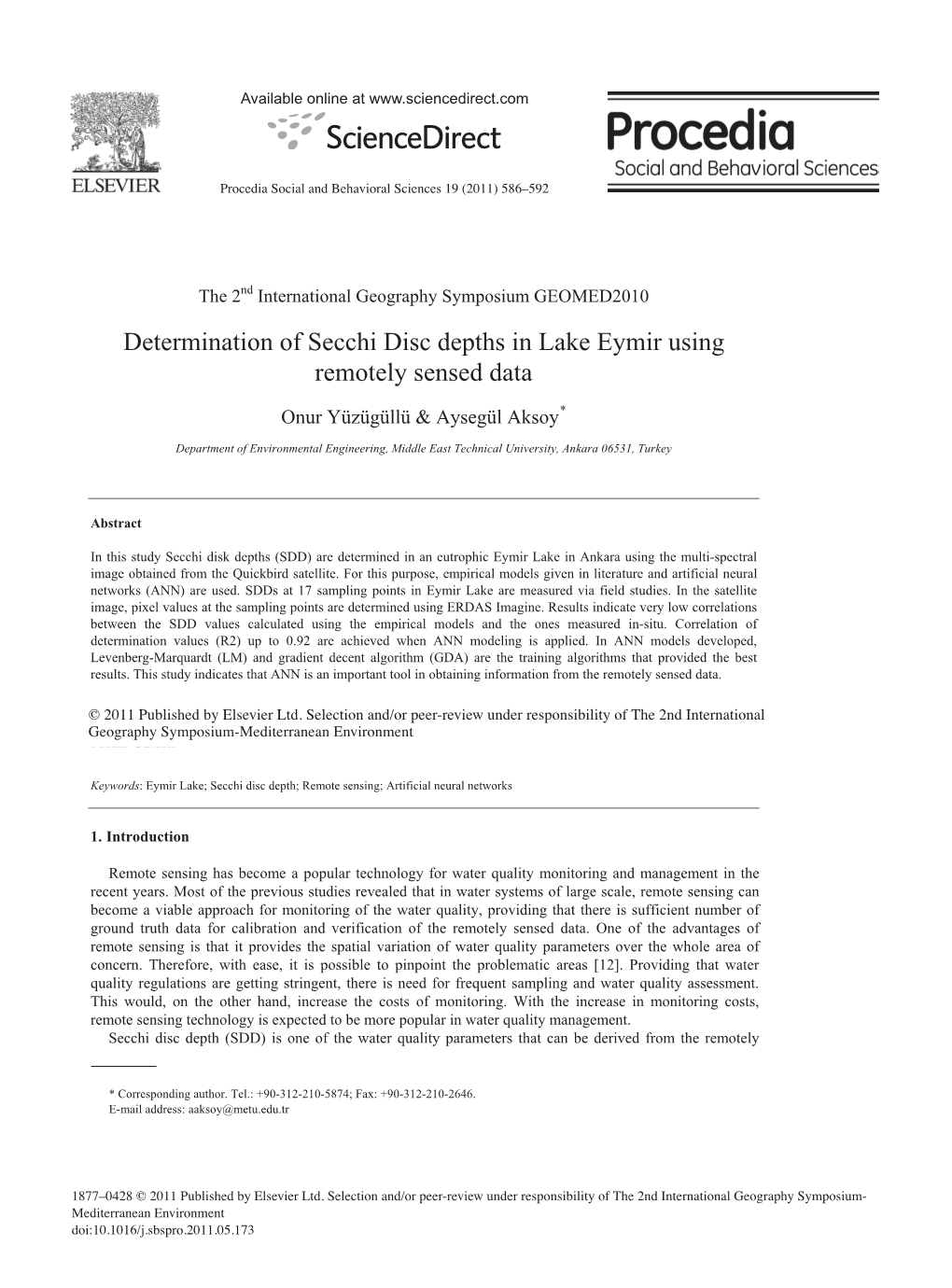 Determination of Secchi Disc Depths in Lake Eymir Using Remotely Sensed Data