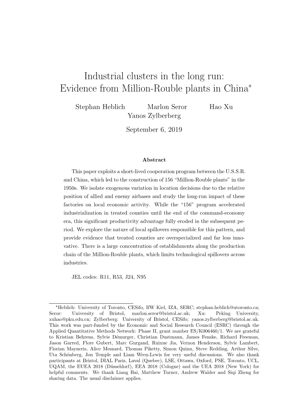 Industrial Clusters in the Long Run: Evidence from Million-Rouble Plants in China*