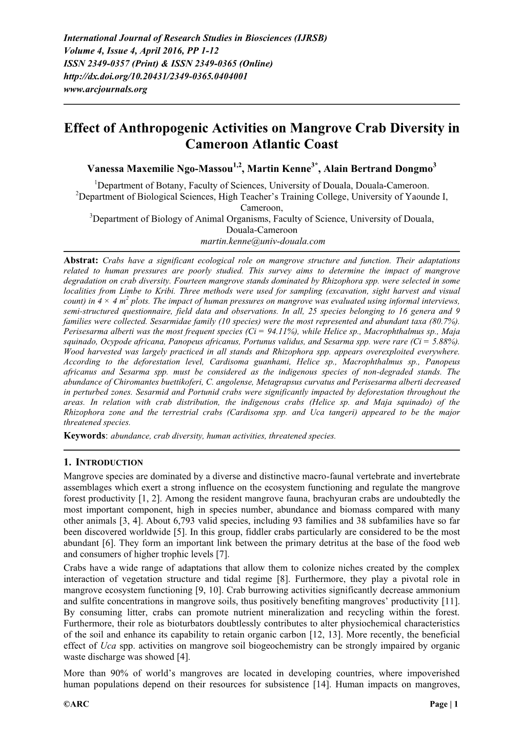 Effect of Anthropogenic Activities on Mangrove Crab Diversity in Cameroon Atlantic Coast