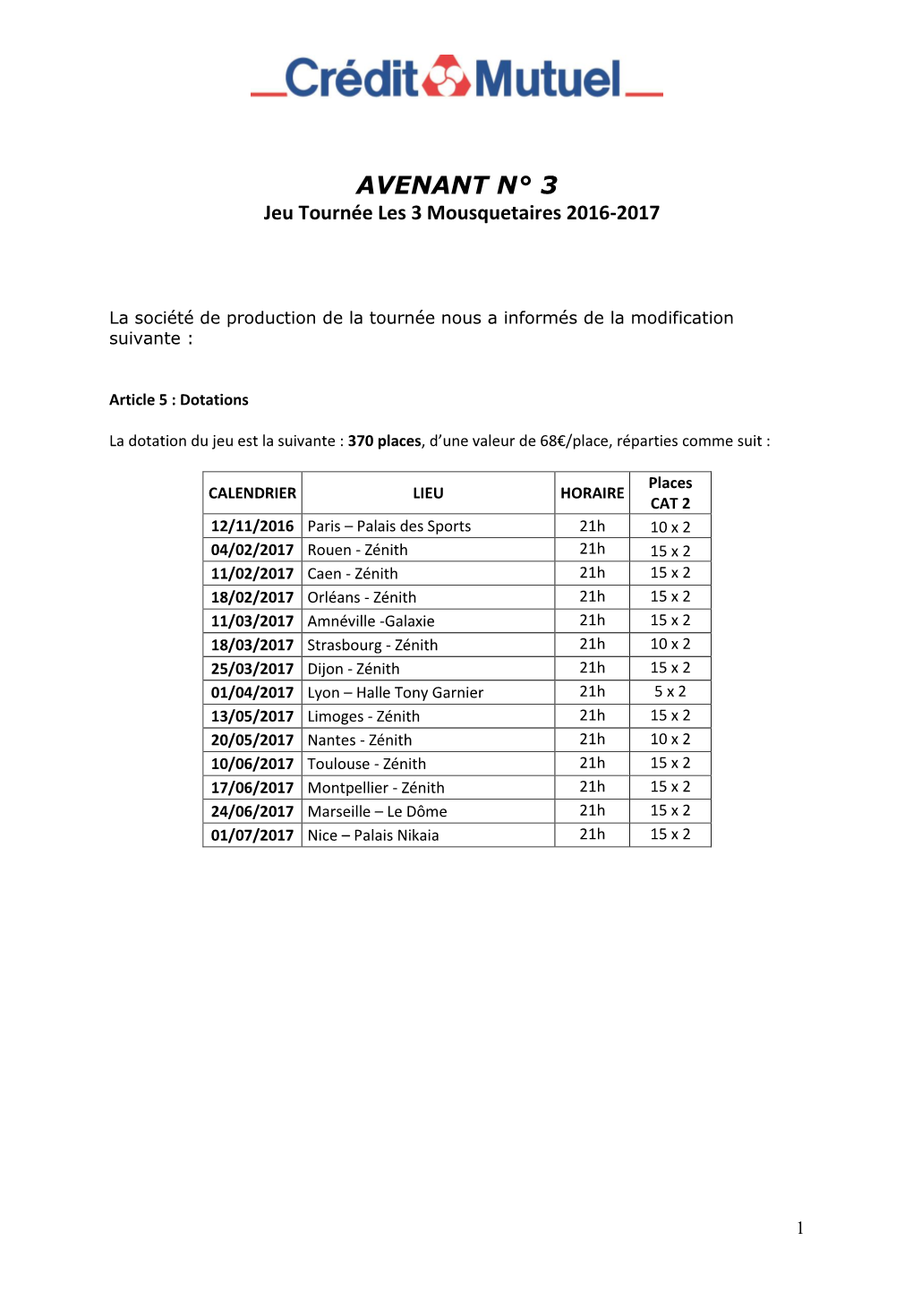 AVENANT N° 3 Jeu Tournée Les 3 Mousquetaires 2016-2017