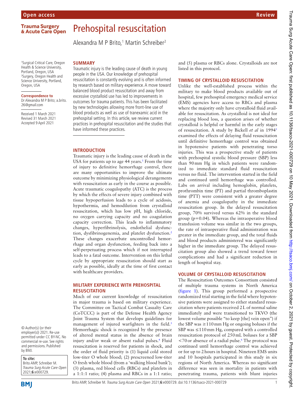 Prehospital Resuscitation Alexandra M P Brito,1 Martin Schreiber2