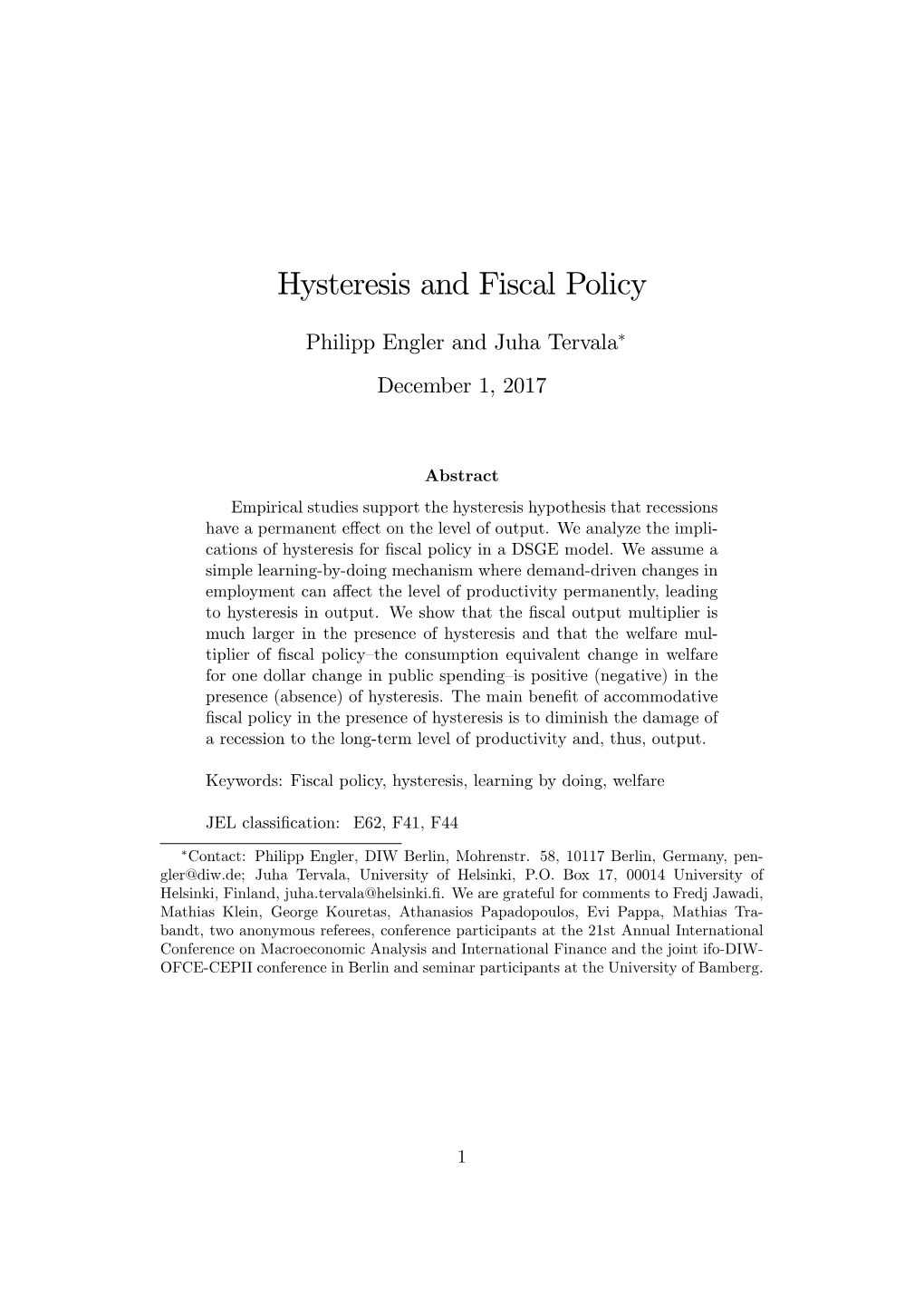 Hysteresis and Fiscal Policy