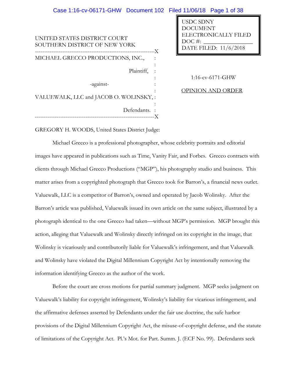 Case 1:16-Cv-06171-GHW Document 102 Filed 11/06/18 Page 1 of 38