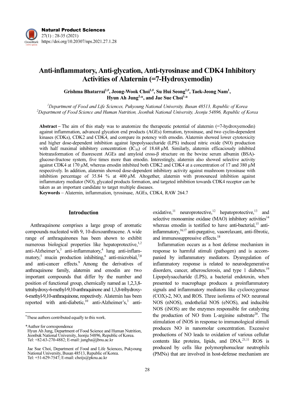 Anti-Inflammatory, Anti-Glycation, Anti-Tyrosinase and CDK4 Inhibitory Activities of Alaternin (=7-Hydroxyemodin)