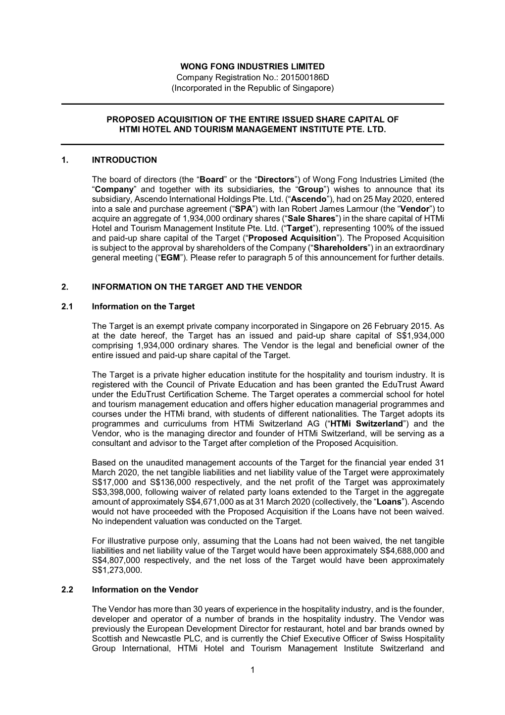 1 WONG FONG INDUSTRIES LIMITED Company Registration