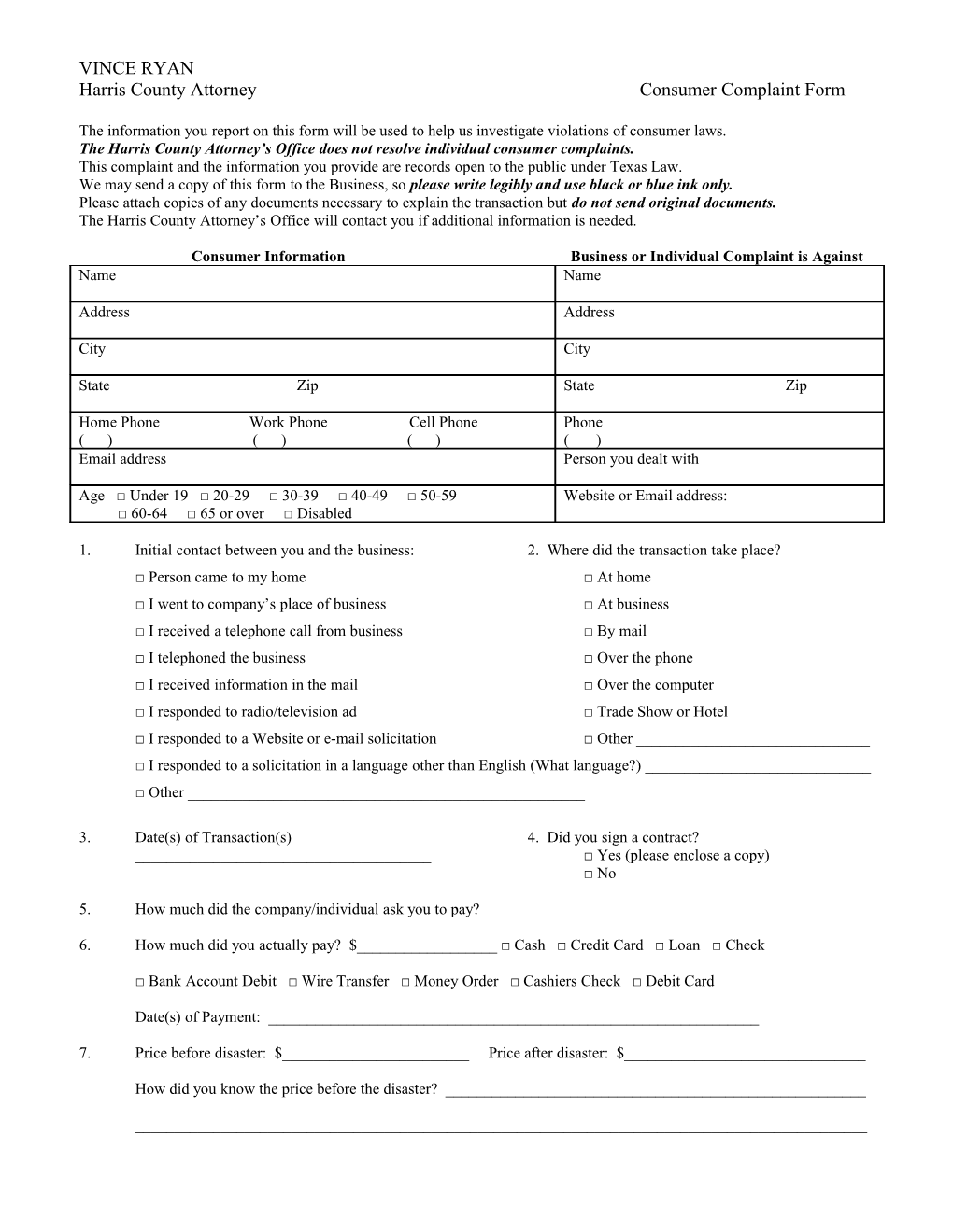 Harris County Attorney Consumer Complaint Form