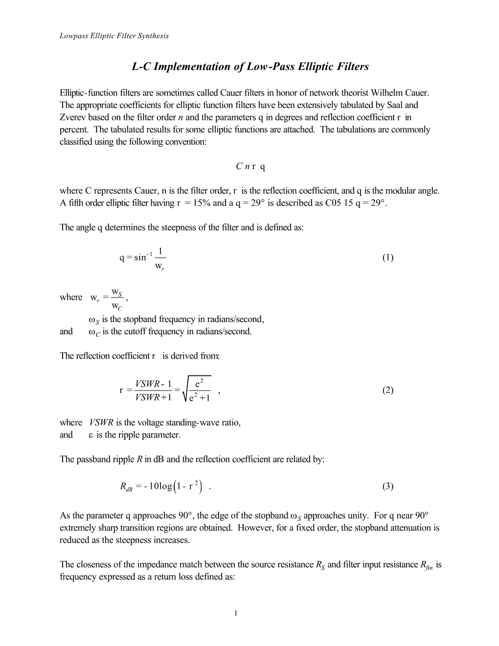 L-C Implementation of Low-Pass Elliptic Filters