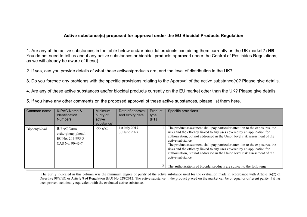 Active Substance(S) Proposed for Inclusion in Annex I of the Biocidal Products Directive