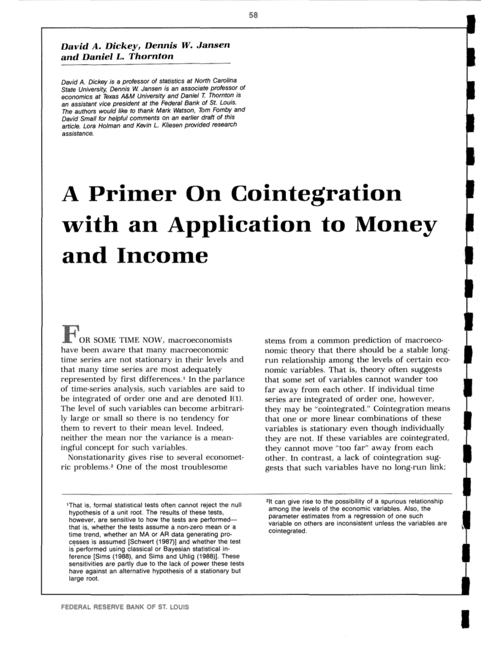 A Primer on Cointegration with an Application to Money and Income