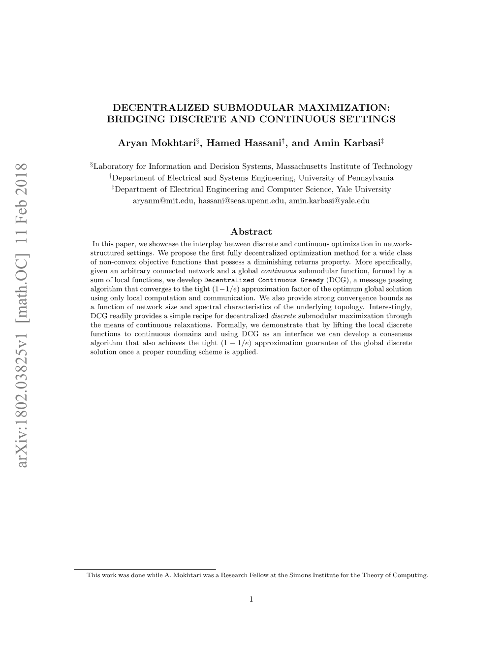 Arxiv:1802.03825V1 [Math.OC] 11 Feb 2018