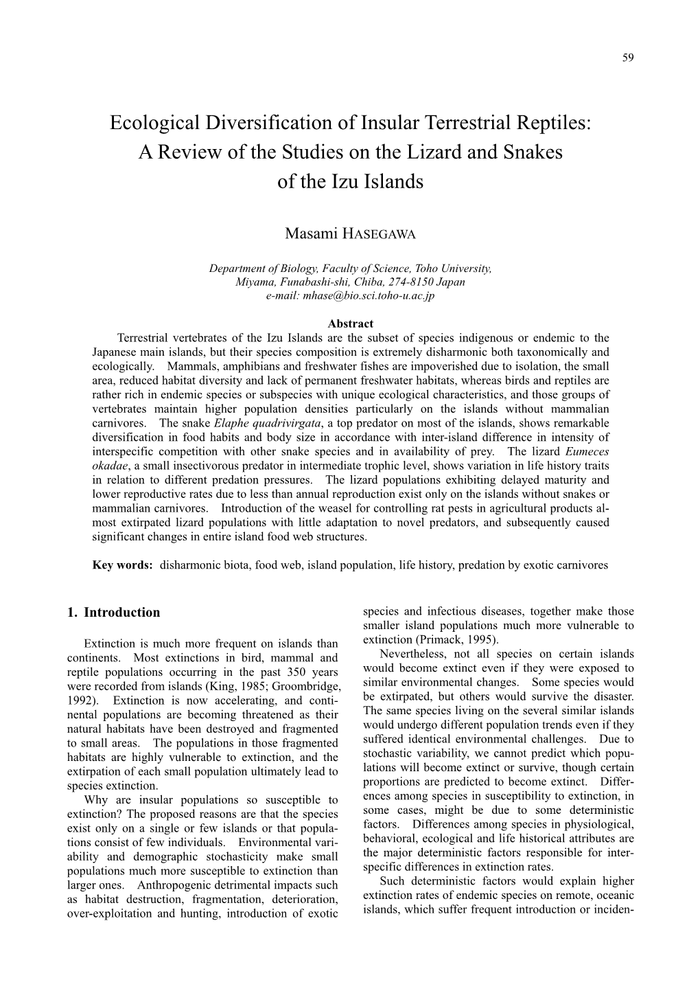 Ecological Diversification of Insular Terrestrial Reptiles: a Review of the Studies on the Lizard and Snakes of the Izu Islands