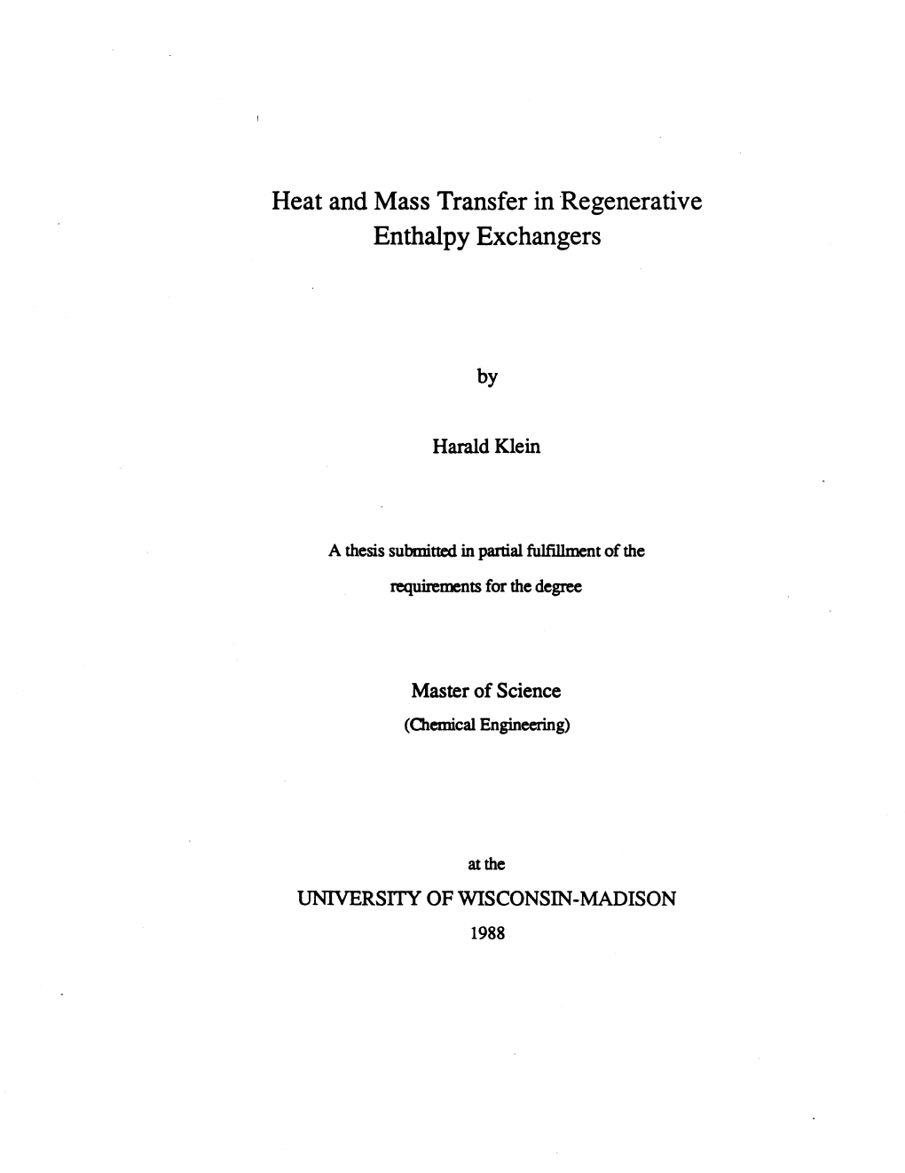 Heat and Mass Transfer in Regenerative Enthalpy Exchangers