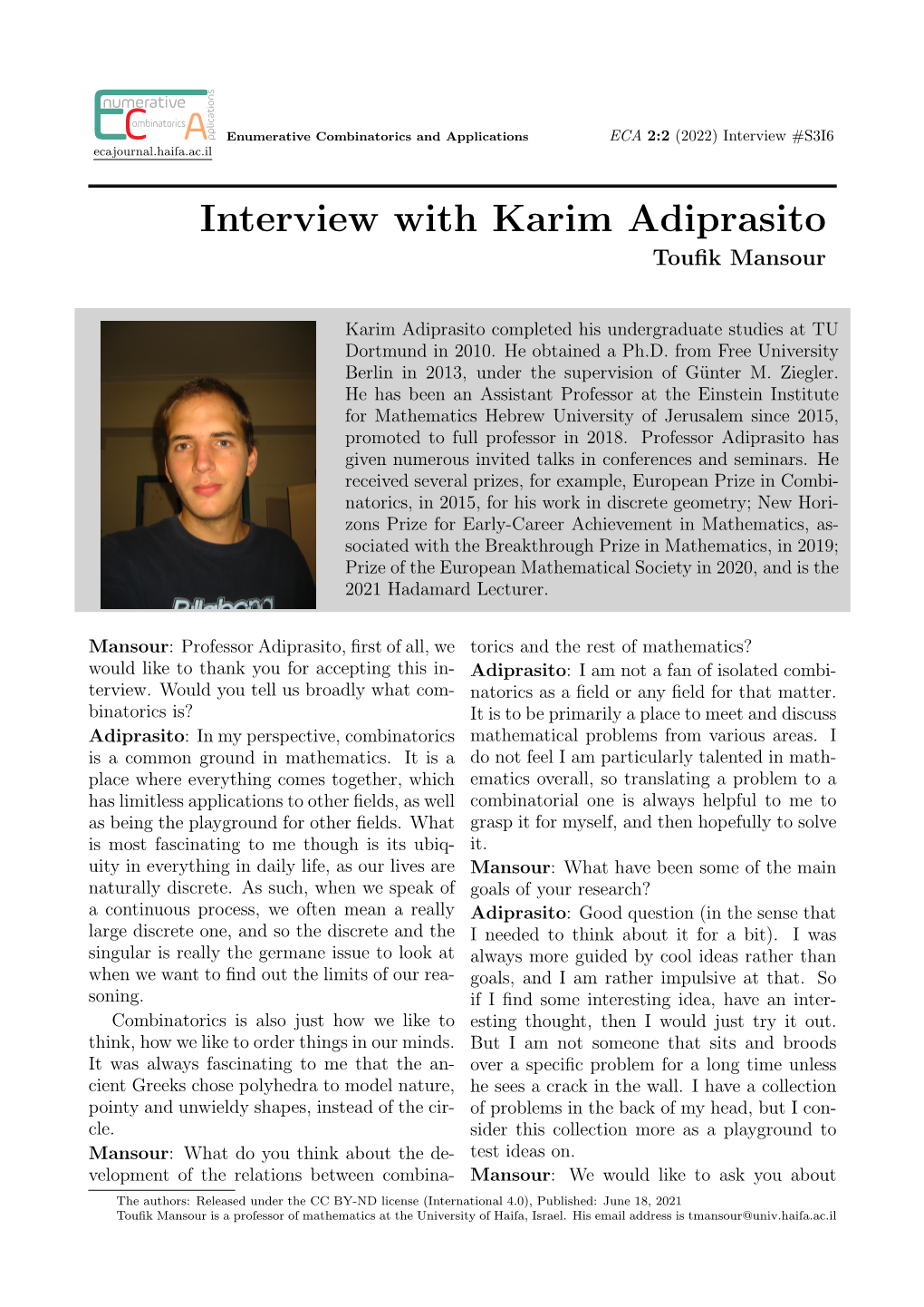 Interview with Karim Adiprasito Touﬁk Mansour