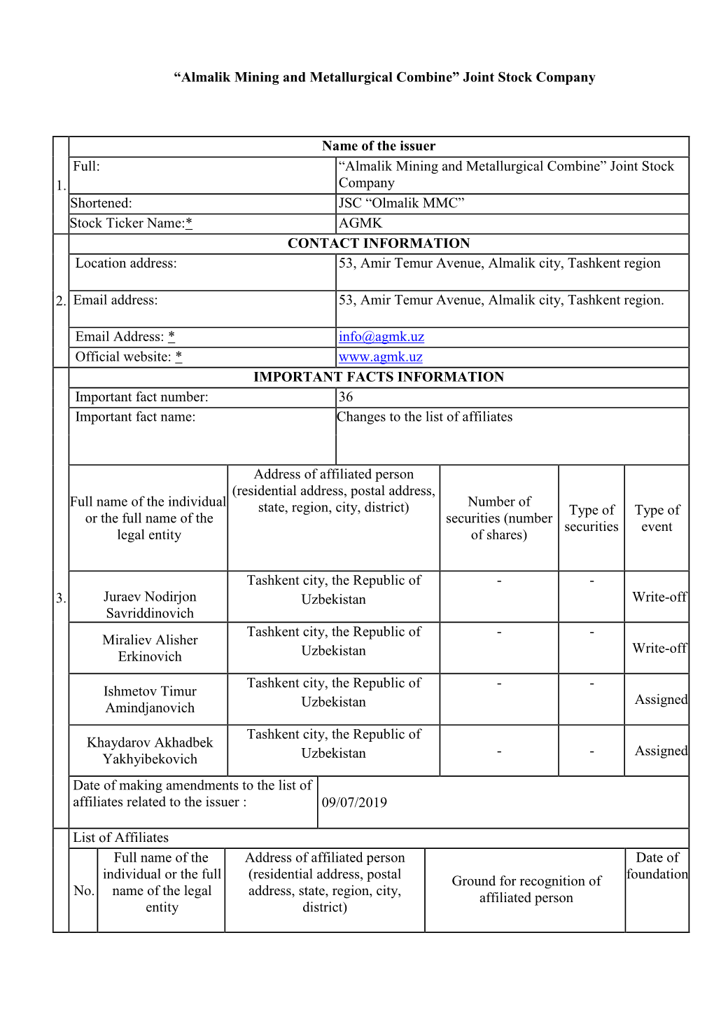 Joint Stock Company 1. Name of the Issuer Full: “Almalik Mining And