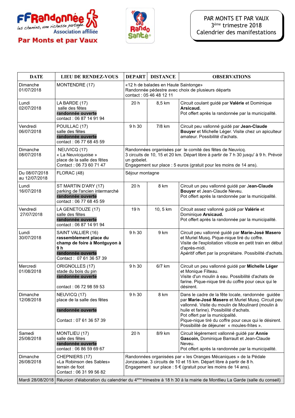 PAR MONTS ET PAR VAUX 3Ème Trimestre 2018 Calendrier Des