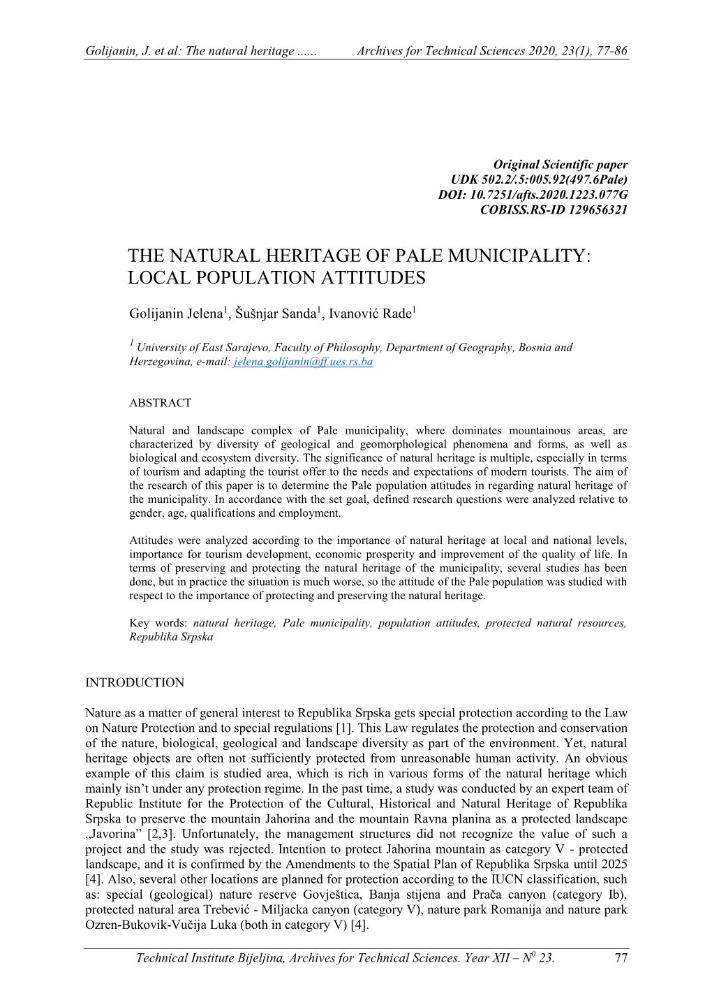 The Natural Heritage of Pale Municipality: Local Population Attitudes