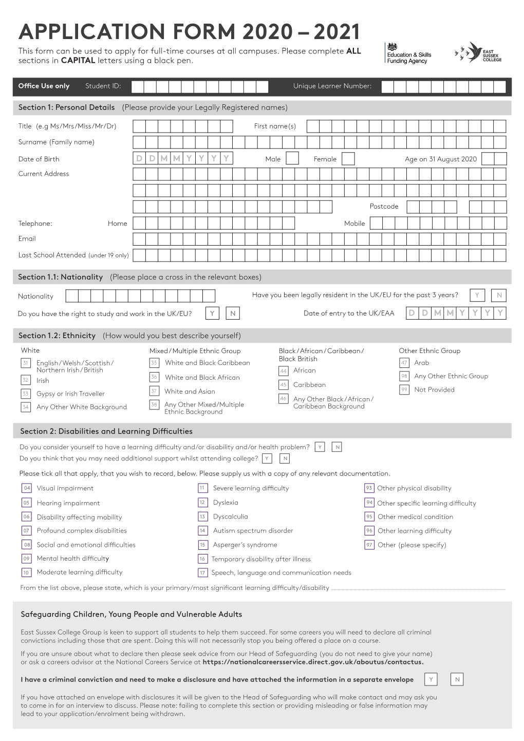 APPLICATION FORM 2020 – 2021 This Form Can Be Used to Apply for Full-Time Courses at All Campuses