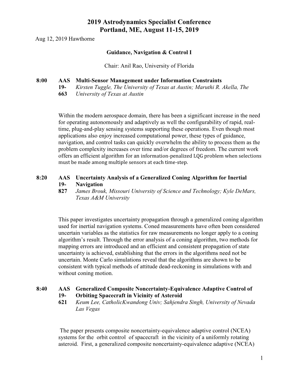 2019 Astrodynamics Specialist Conference Portland, ME, August 11-15, 2019 Aug 12, 2019 Hawthorne