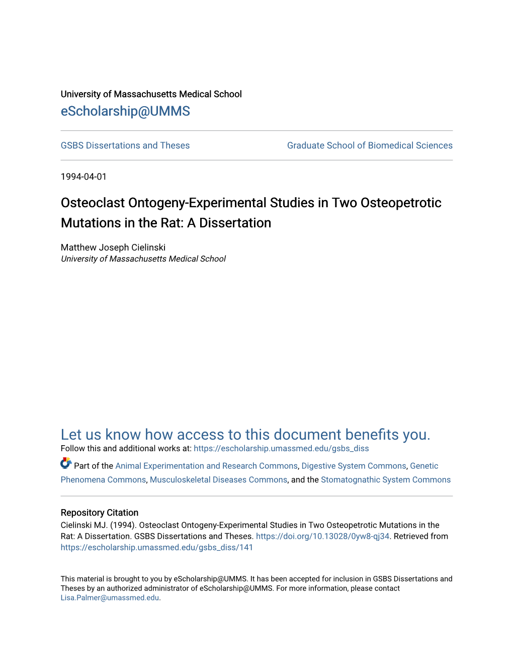 Osteoclast Ontogeny-Experimental Studies in Two Osteopetrotic Mutations in the Rat: a Dissertation