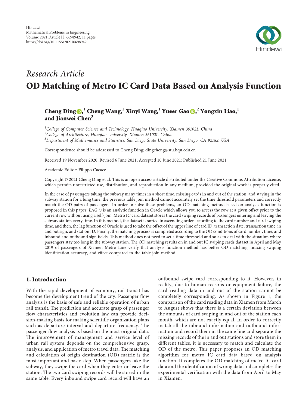 OD Matching of Metro IC Card Data Based on Analysis Function