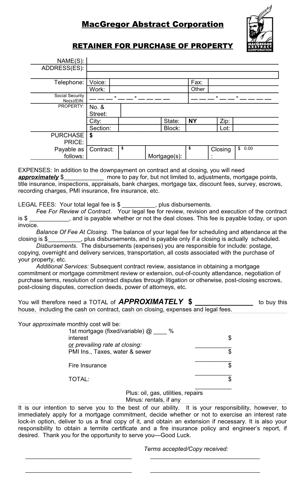 Retainer for Purchase of Property s1