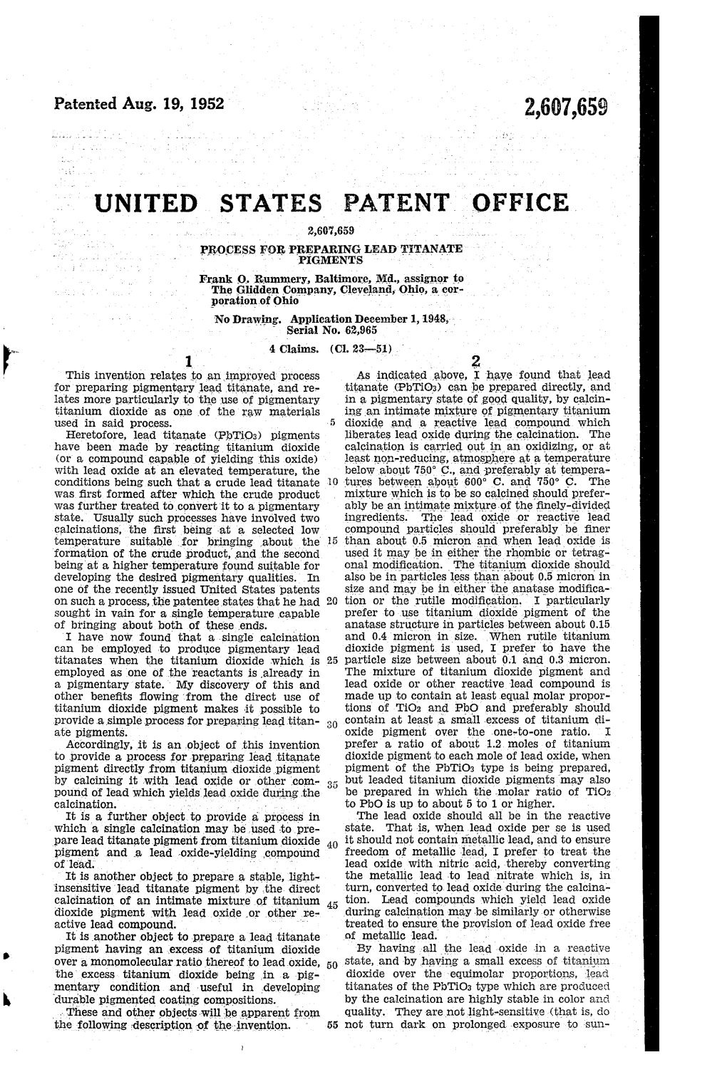 UNITED STATES PATENT OFFICE Process for PREPARING LEAD TITANATE