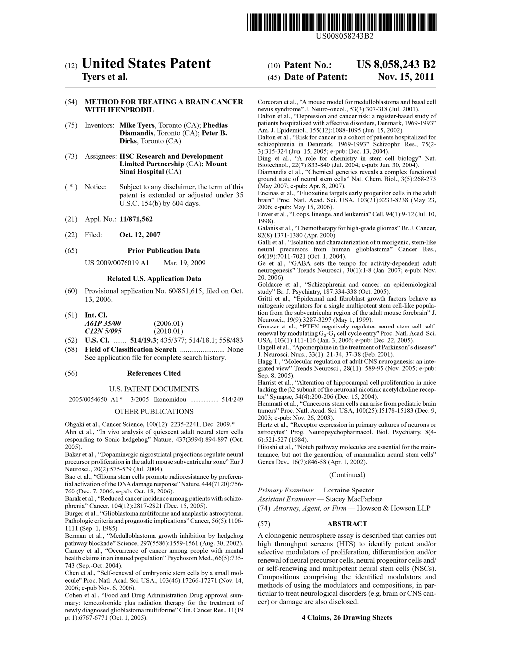 (12) United States Patent (10) Patent No.: US 8,058,243 B2 Tyers Et Al